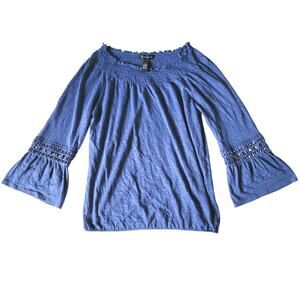 INC Womens M Blue Peasant Blouse 100% Linen Wide Sleeve Beaded Smocked Boho